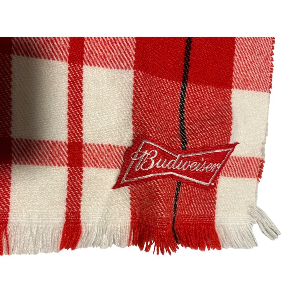Budweiser Embroidered Logo Red,‎ White and Black Plaid Fringed Scarf. Unisex.
